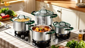 green stainless steel cookware set