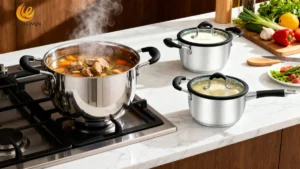 Stainless steel pots in cooking