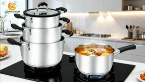 Stainless steel pots in cooking