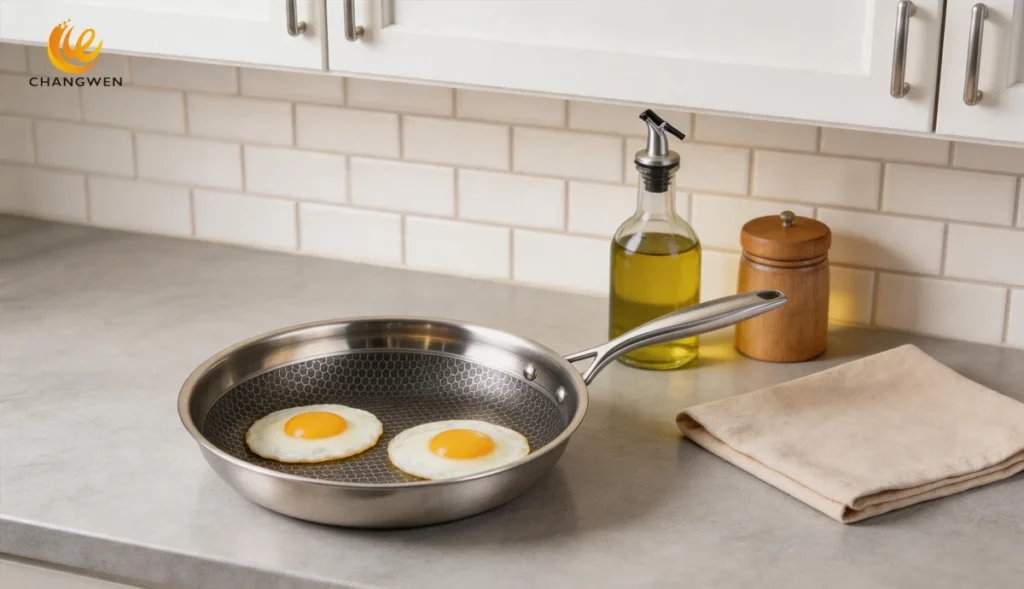 Two fried eggs are in a honeycomb-patterned stainless steel frying pan.