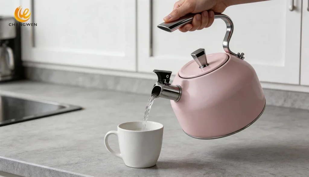 Pour water from the kettle into the cup.