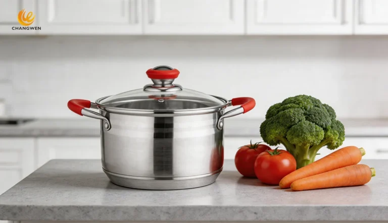 Red silicone handle stainless steel cookware