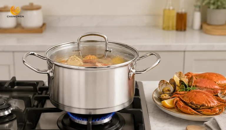 Stainless steel pot for making soup in the kitchen