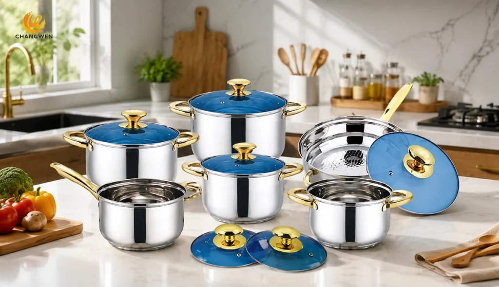 Latin American popular gold-handled stainless steel cookware set