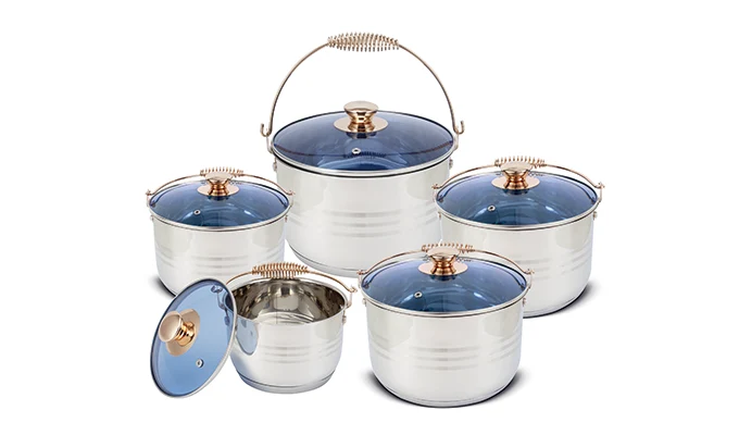 10-piece stainless steel cookware set with gold handles