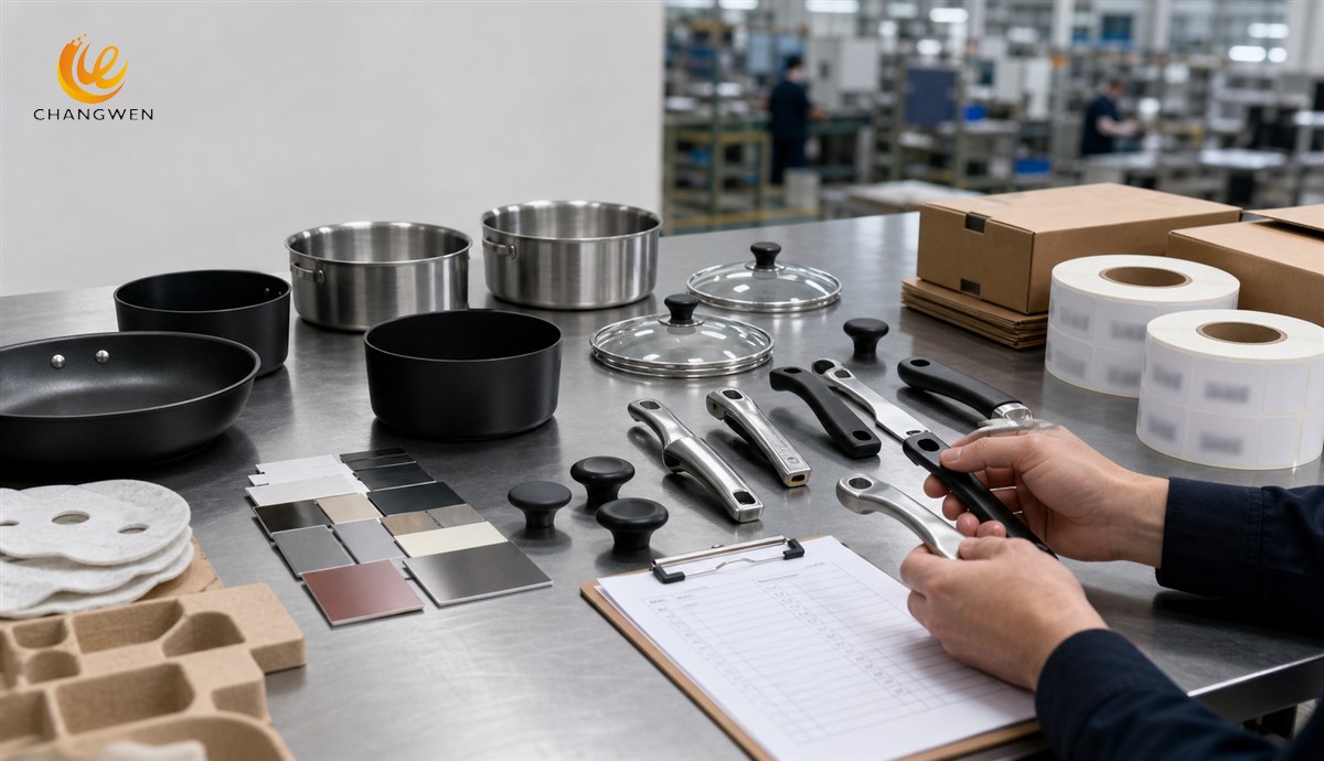 Cookware bodies handles lids finishes and packaging that create separate MOQ layers