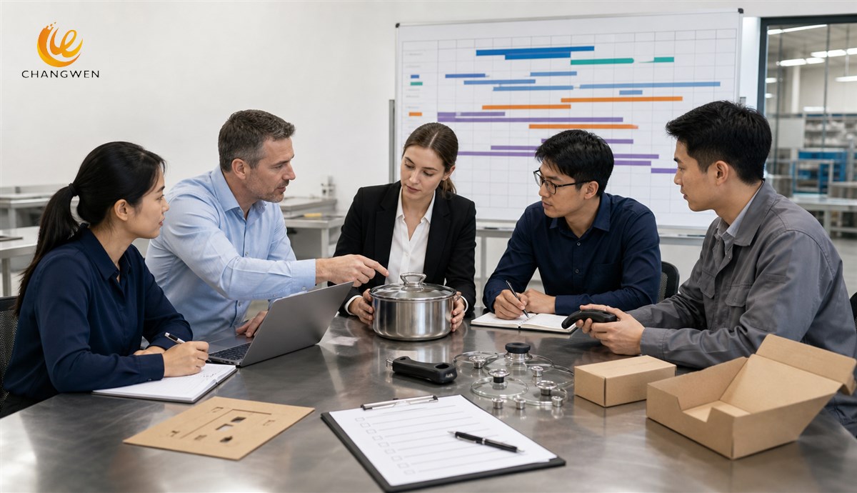 Buyer and cookware factory team coordinating approvals components packaging and production timing