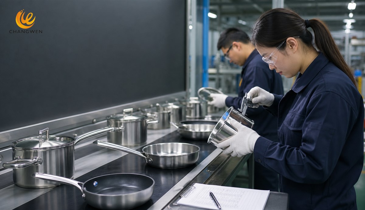 Inspectors checking cookware dimensions surface finish and component assembly during production