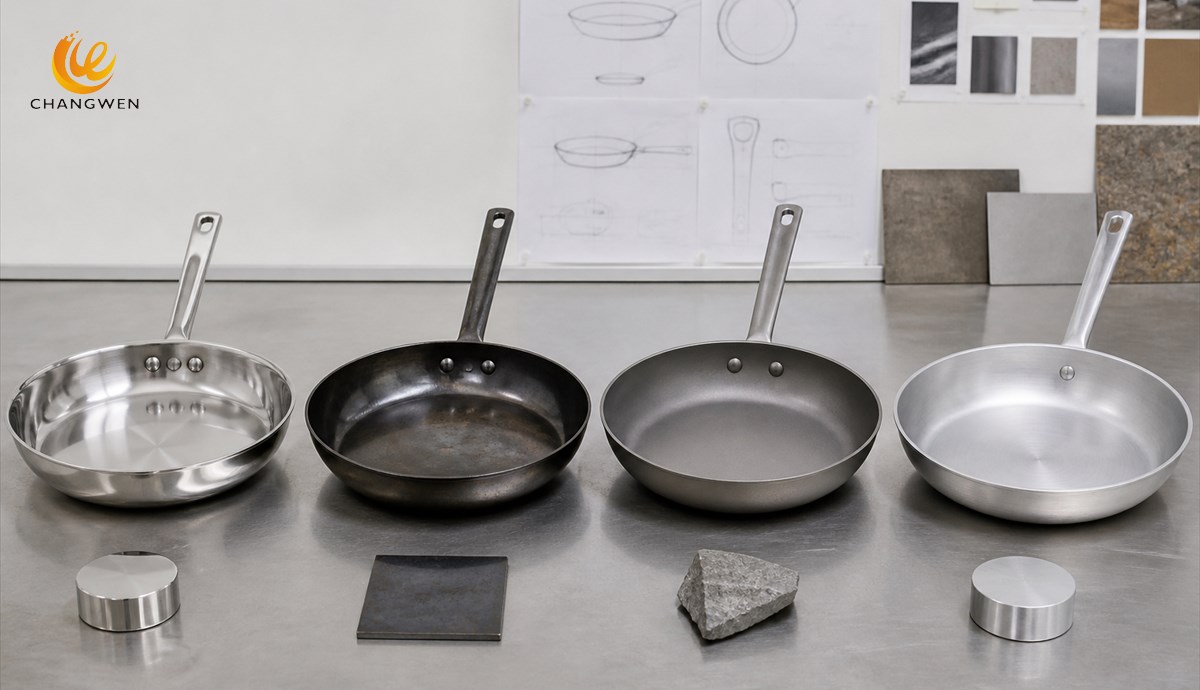 Stainless steel carbon steel titanium and aluminum frying pan samples