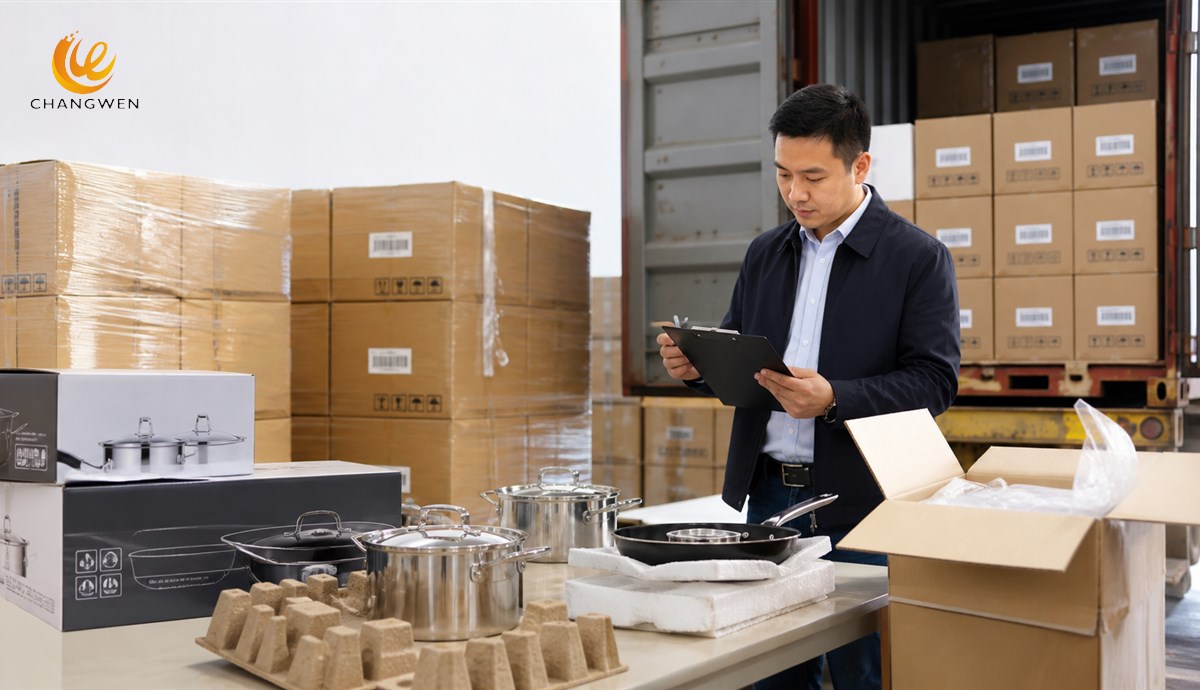 OEM cookware and retail packaging undergoing final pre-shipment release inspection