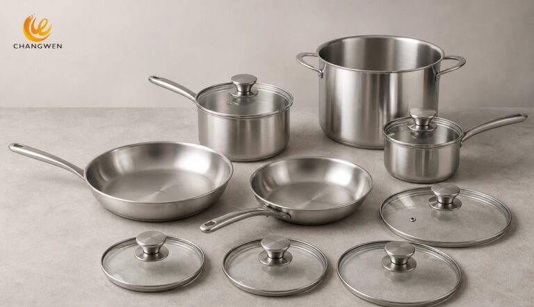 Stainless steel cookware set illustrating how piece count includes vessels and lids