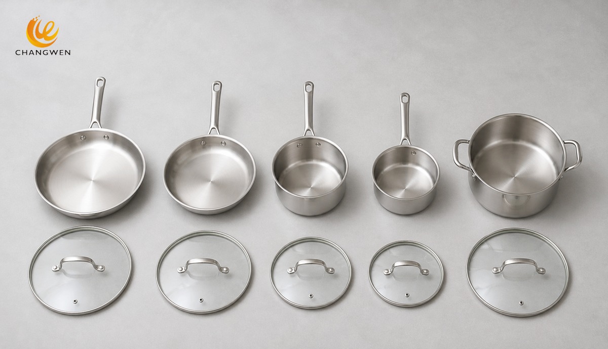 Cookware vessels, lids, and accessories separated to show how a set piece count is calculated