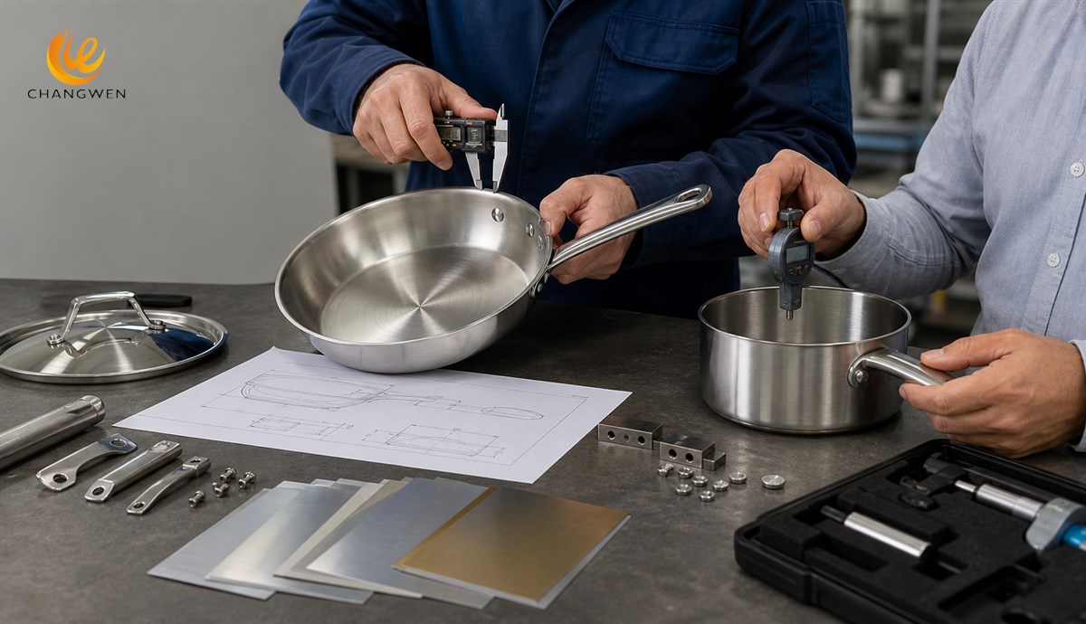 Cookware engineers measuring stainless steel pans against an approved technical specification