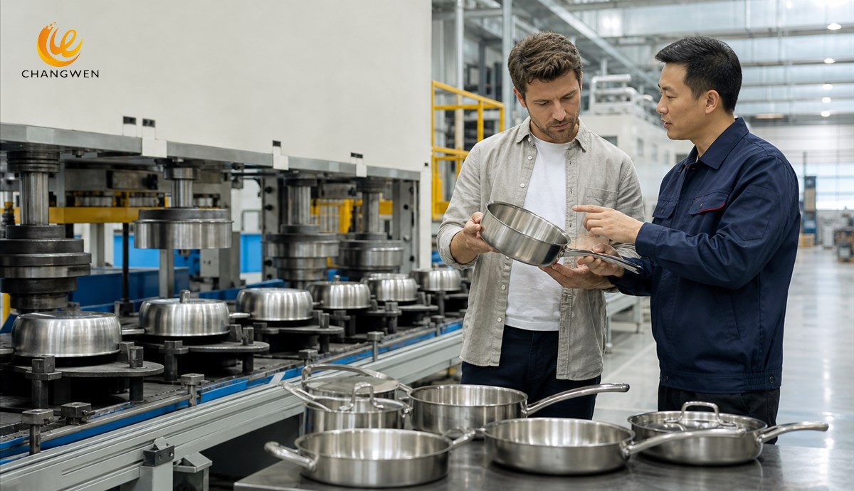 Importer reviewing cookware samples directly with factory engineer
