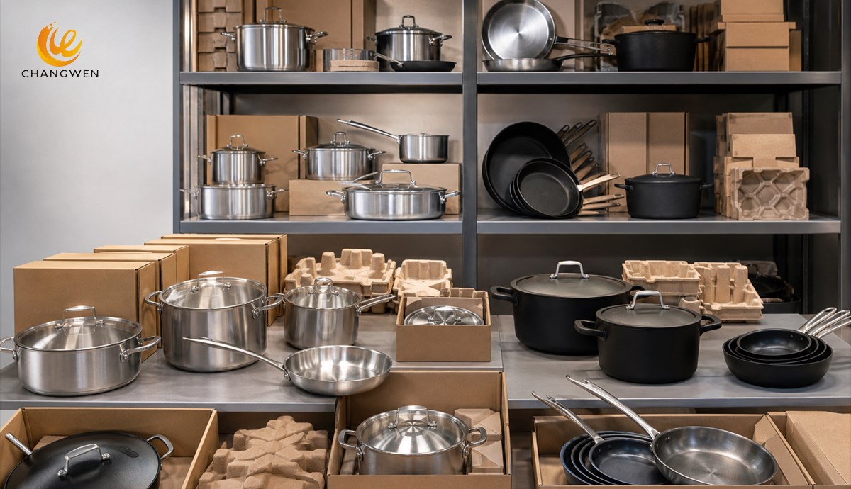 Multi-material cookware assortment prepared in retail packaging