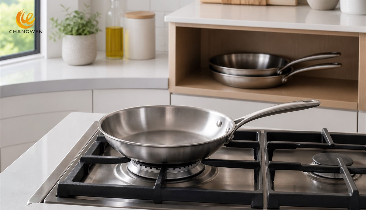 Stainless steel frying pan matched to a burner with larger pans stored nearby