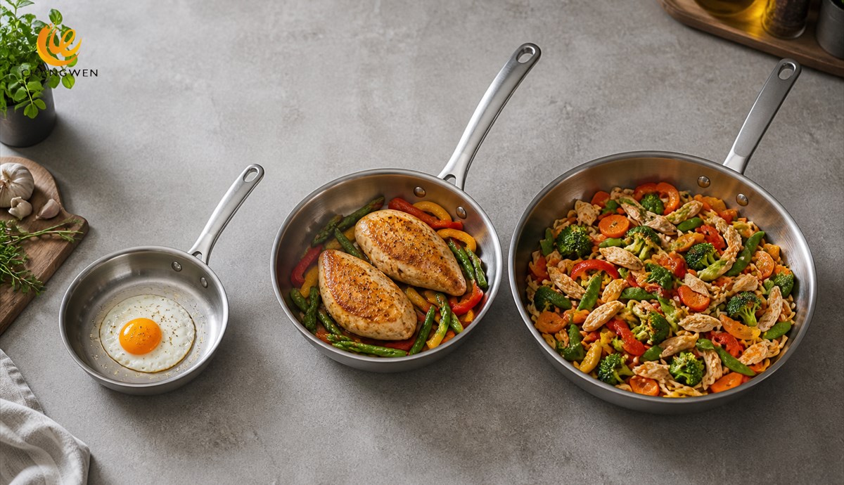 Small medium and large frying pans holding different food portions