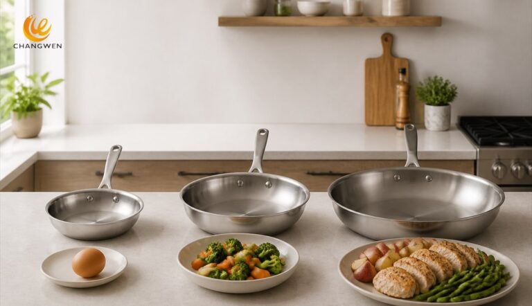 Three stainless steel frying pan sizes matched to different meal portions