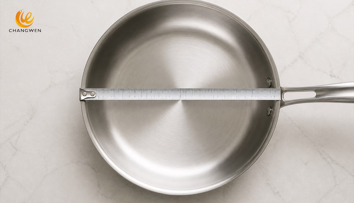 Measuring a stainless steel frying pan across the top diameter