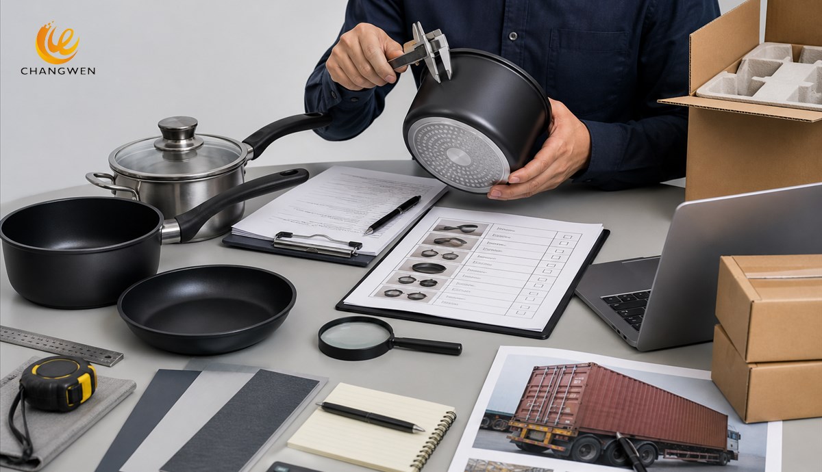 Importer verifying cookware supplier samples documents and quality