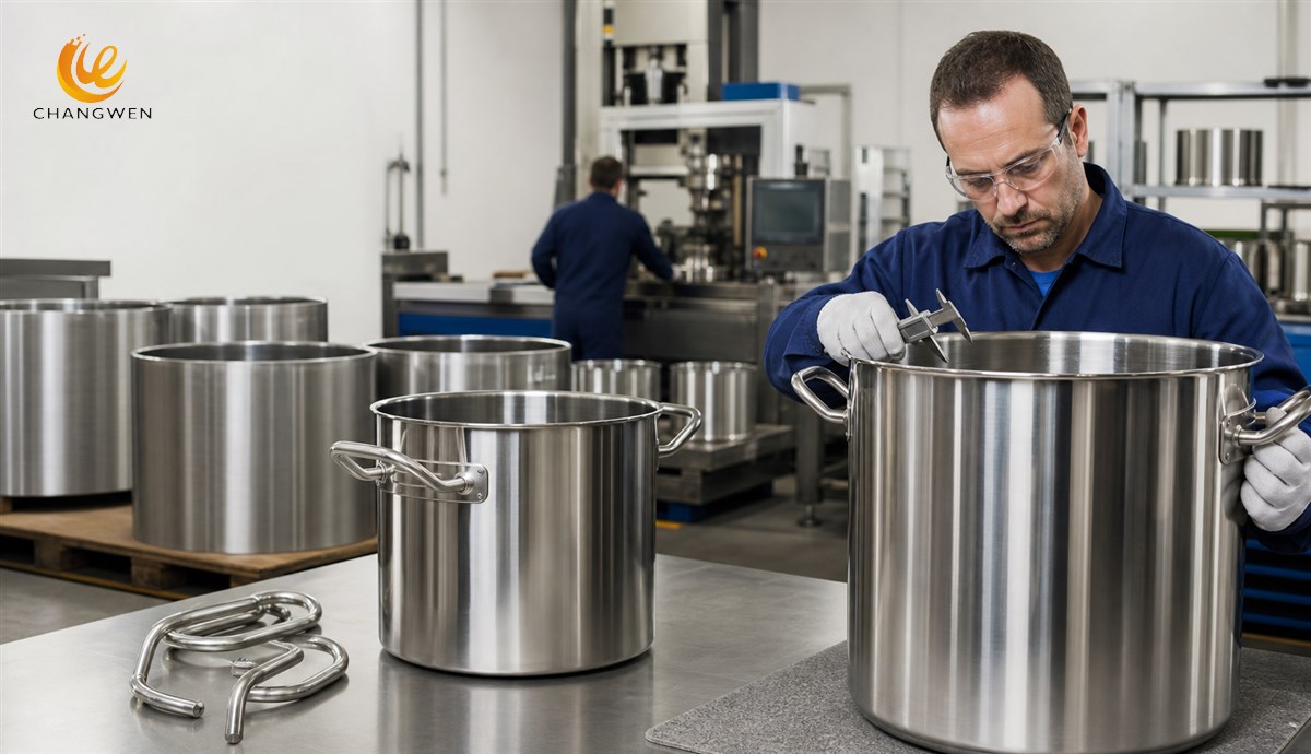 Large stainless steel stock pots being inspected for a 100-piece OEM production program
