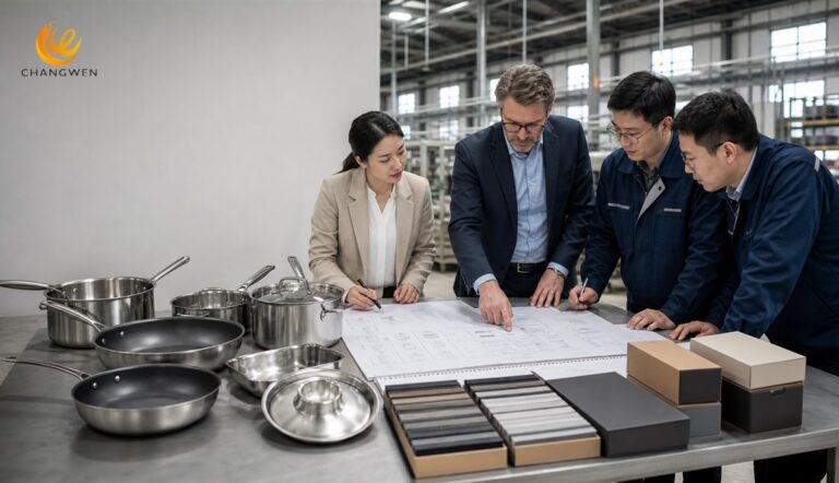 Importer and cookware factory team reviewing an OEM project risk-control plan