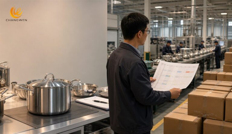 OEM cookware sample production line and packed orders illustrating the complete lead time