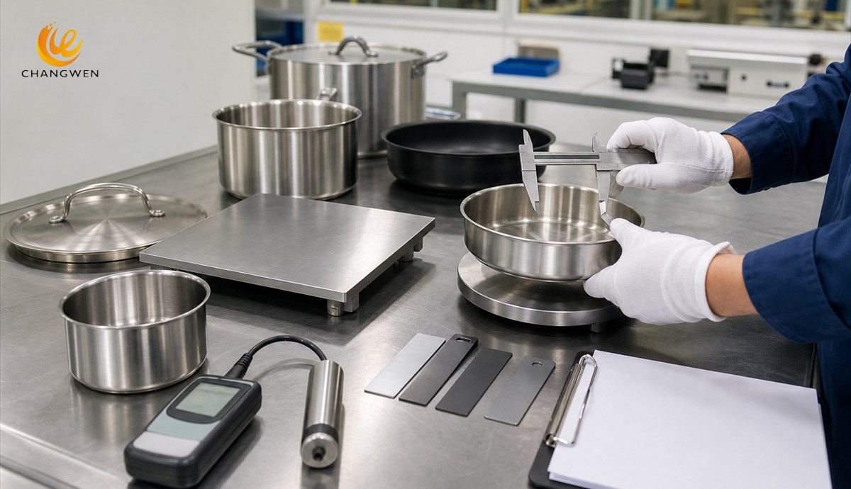 OEM cookware samples undergoing dimensional and quality inspection