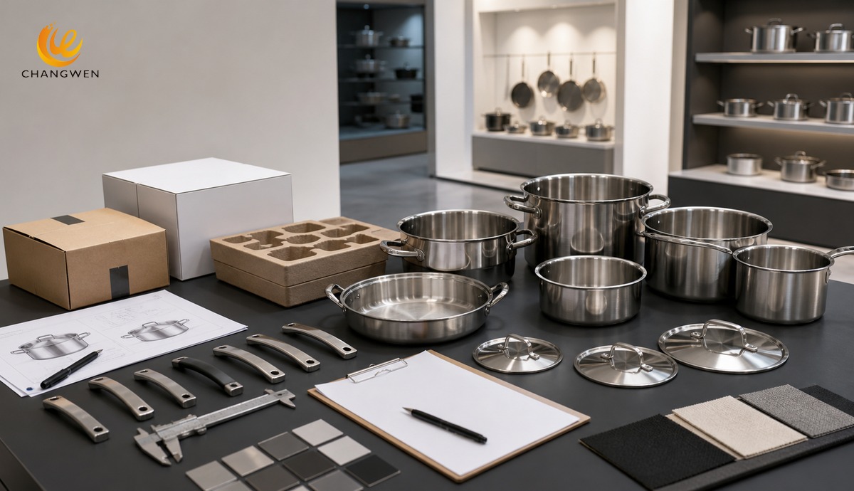 Cookware set components arranged for OEM configuration and sample approval