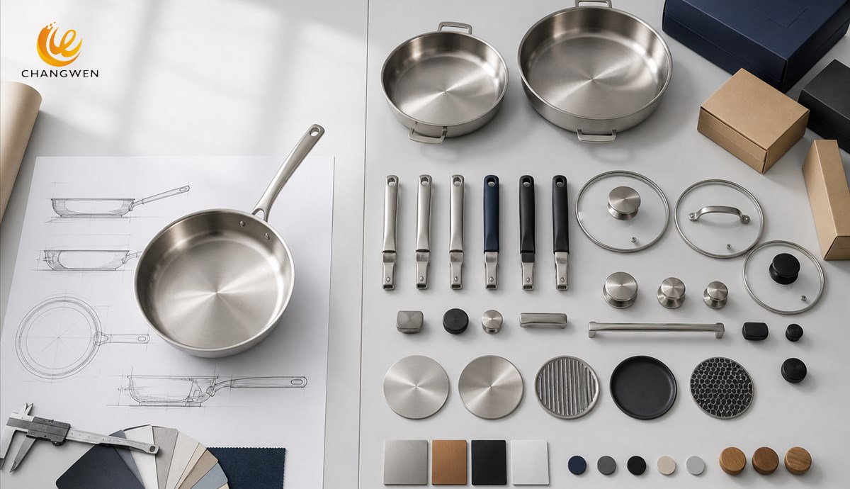 Buyer comparing OEM and ODM cookware development paths in a factory sample room