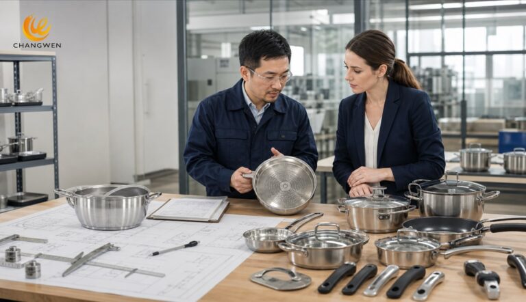 Buyer and factory engineer comparing OEM and ODM cookware development options