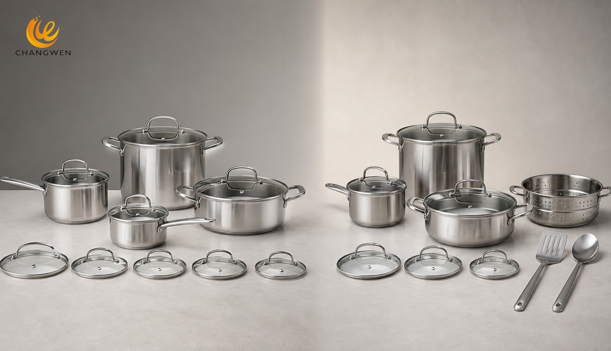 Two cookware sets with the same total piece count but different vessel and accessory combinations