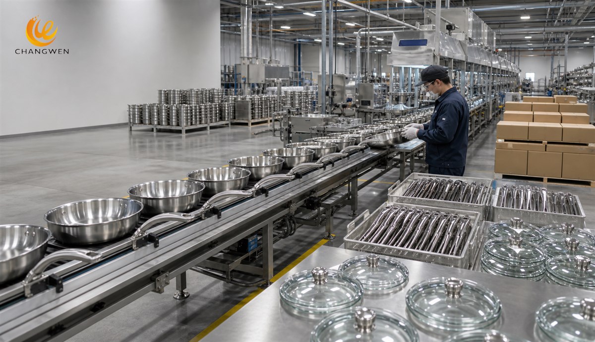 Standard stainless steel cookware production line illustrating a 1,000-piece OEM batch