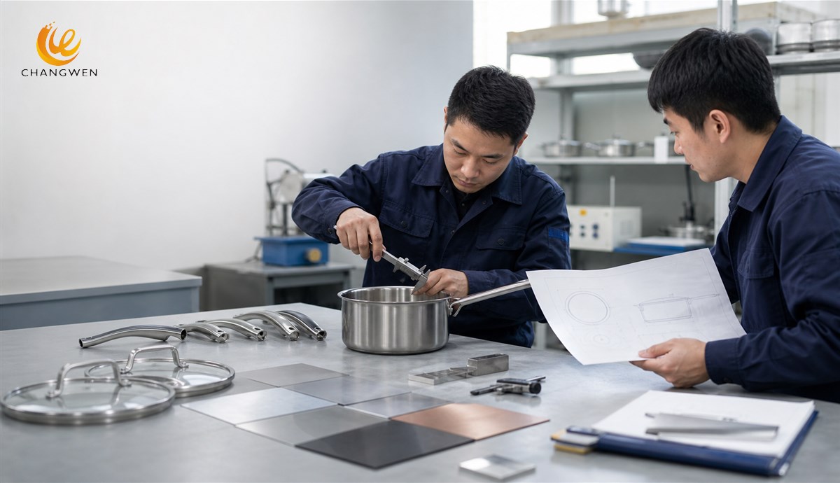 Technicians developing and measuring an OEM cookware sample during a two-week sampling phase