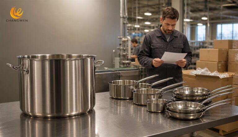 Large stock pot and standard cookware showing different OEM MOQ levels