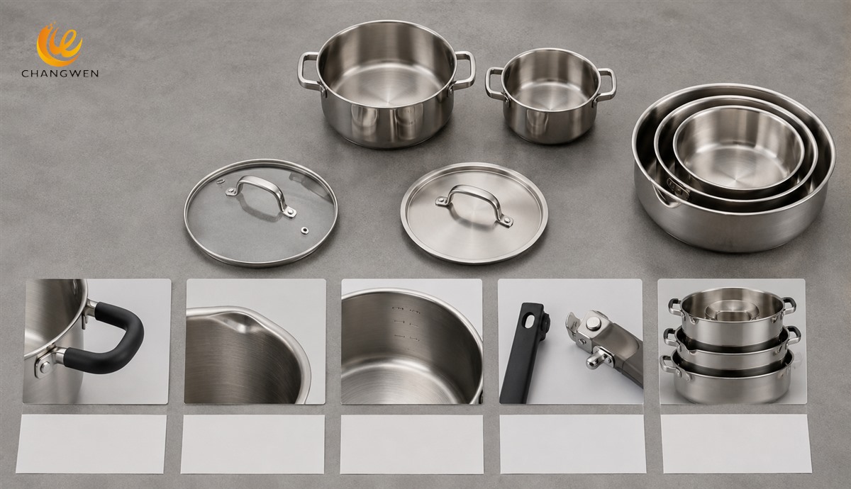 Cookware components arranged for a retail feature comparison