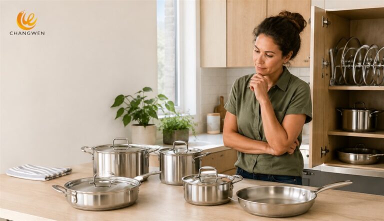 Illustration of a home cook considering cookware choices and cabinet storage