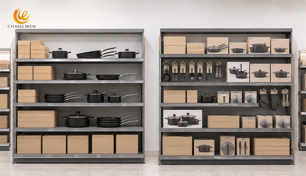 Two cookware shelf presentations with different packaging and space use