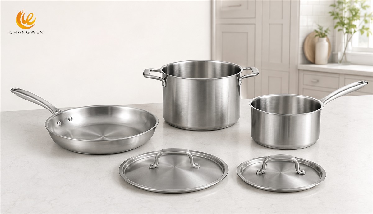 Illustrative 5-piece cookware combination with three vessels and two separate lids