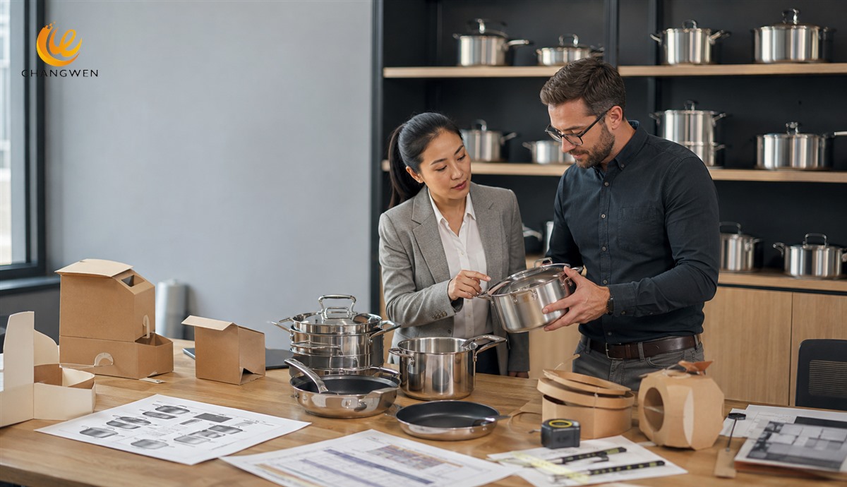 Retail buyer and cookware specialist reviewing OEM samples and packaging