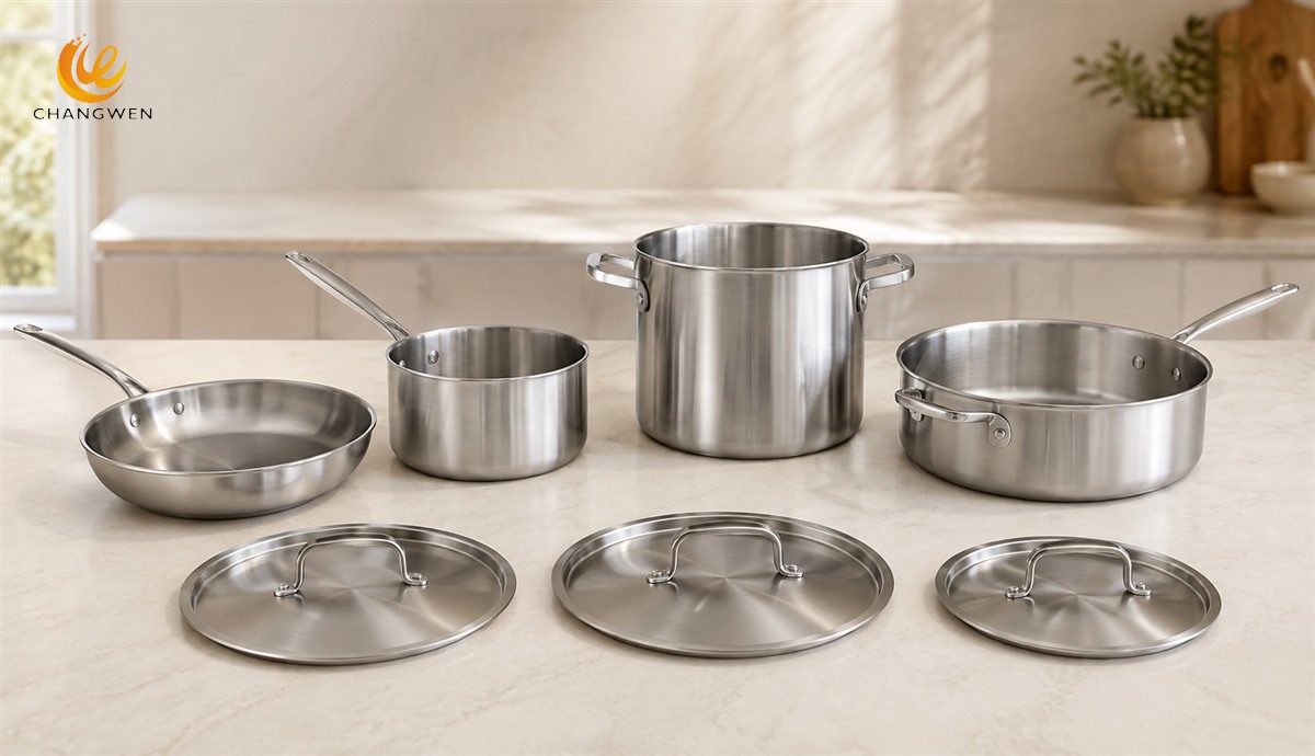 Illustrative 7-piece cookware combination with four open vessels and three separate lids