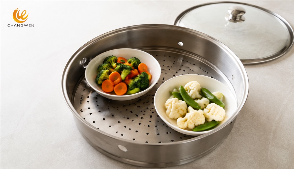 Two heatproof bowls placed in a stainless steel steamer basket with open space around them