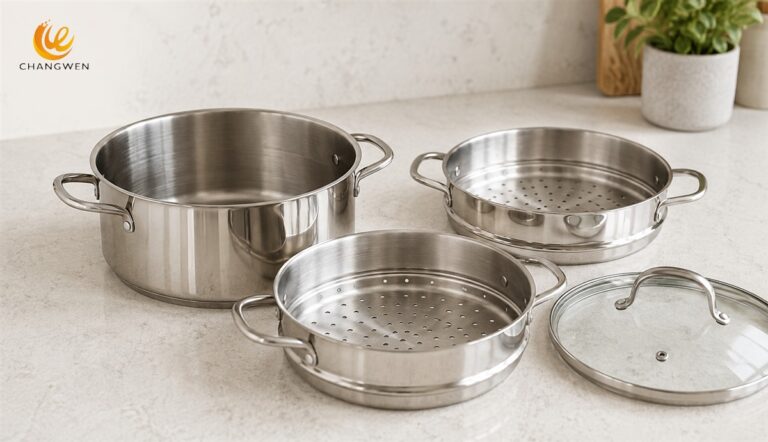 Stainless steel water pot, two perforated steamer tiers, and glass lid arranged separately