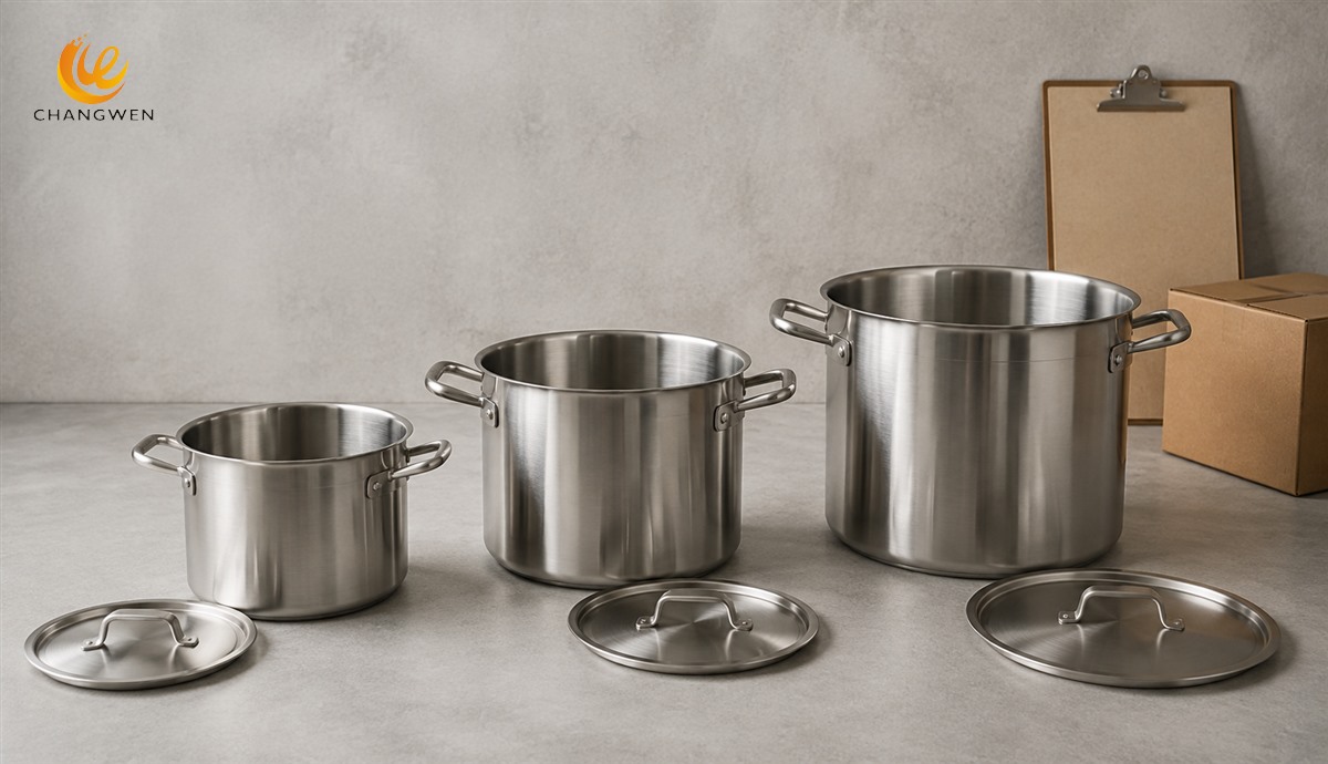 Three coordinated stainless steel stockpots in small, medium, and large capacities