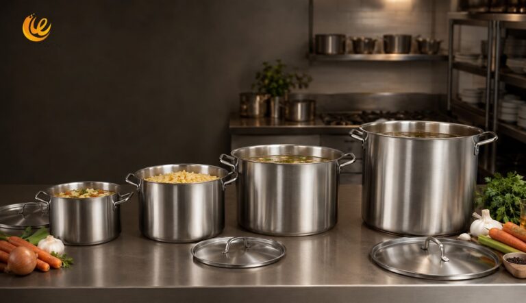 Four stainless steel stockpots in increasing capacities in a professional kitchen
