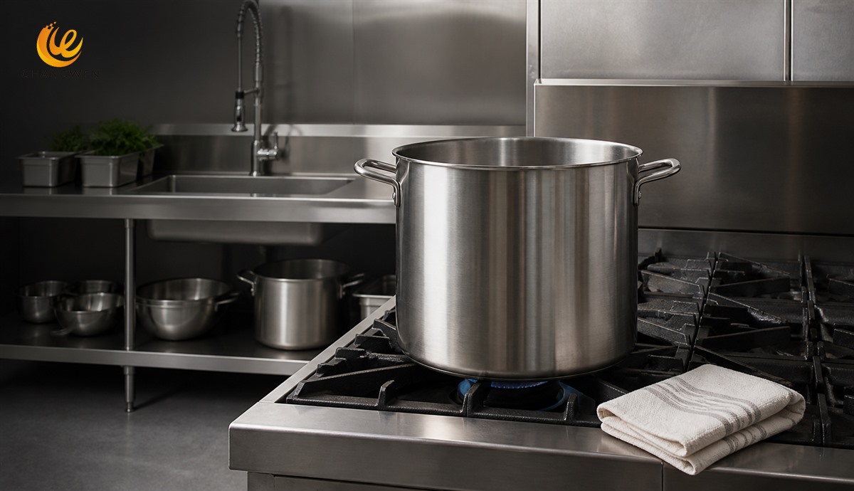 Stainless steel stockpot shown with commercial burner, sink, and storage area
