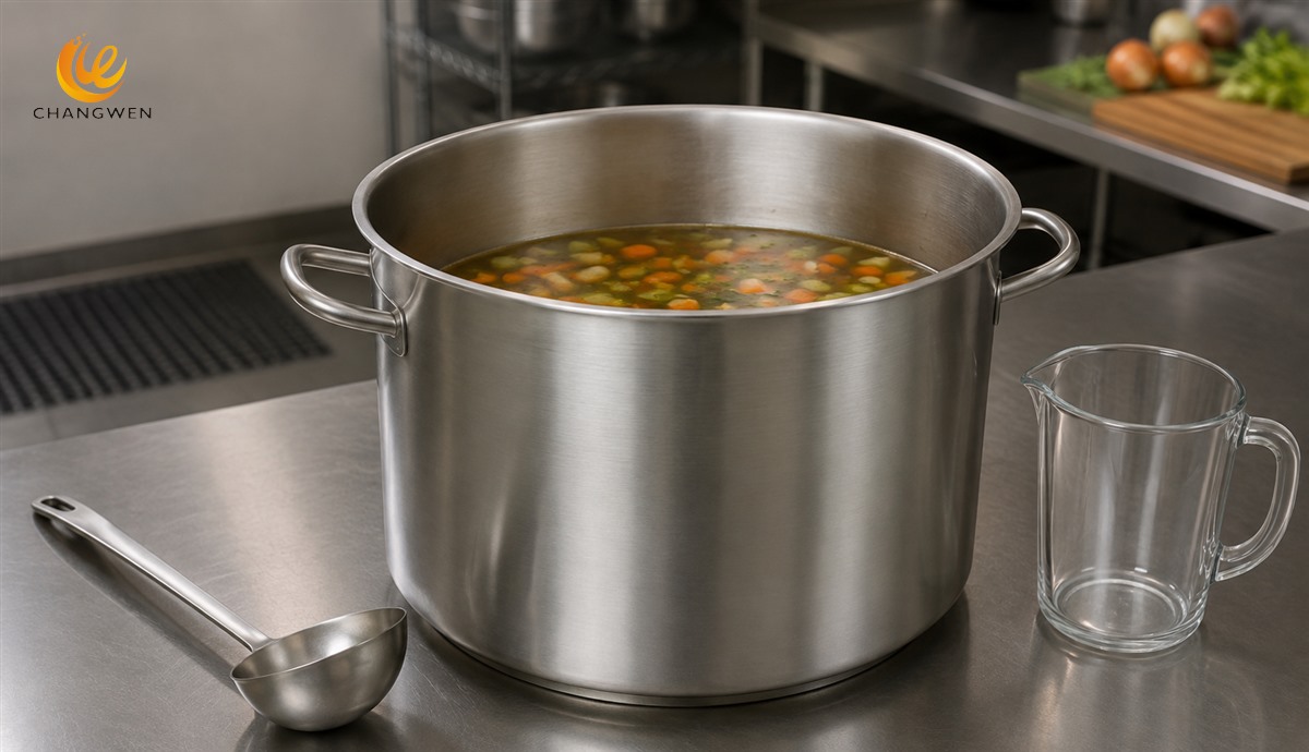 Stainless steel stockpot partially filled with soup to show practical headspace