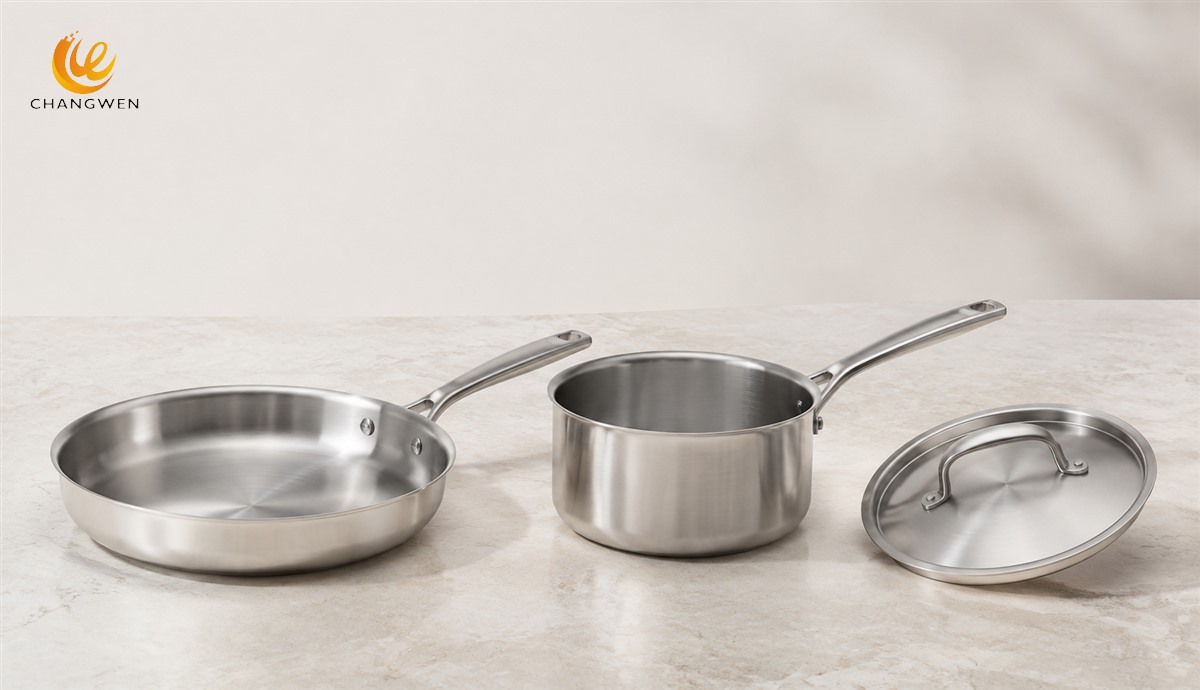 Illustrative 3-piece cookware combination with a frying pan, saucepan, and separate lid
