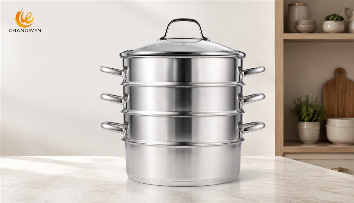 Stainless steel steamer assembled with three food tiers above a water pot